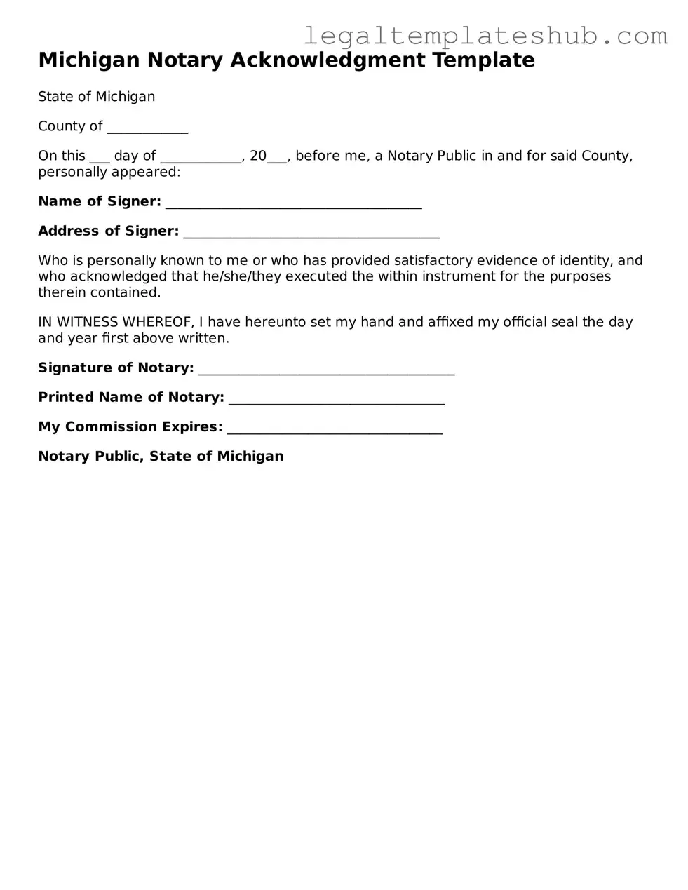 Printable Notary Acknowledgement Document for Michigan