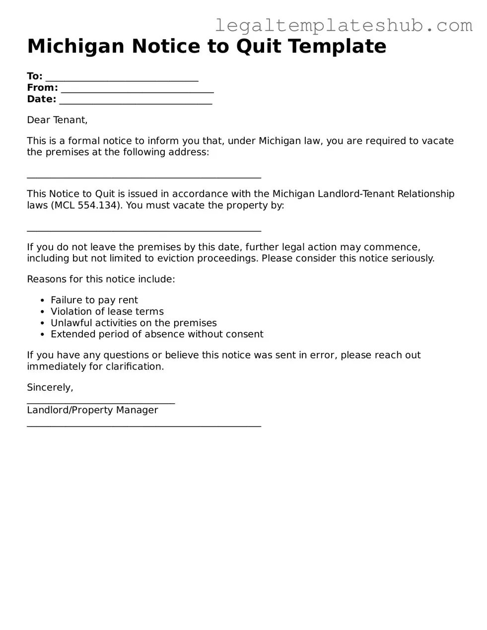 Printable Notice to Quit Document for Michigan