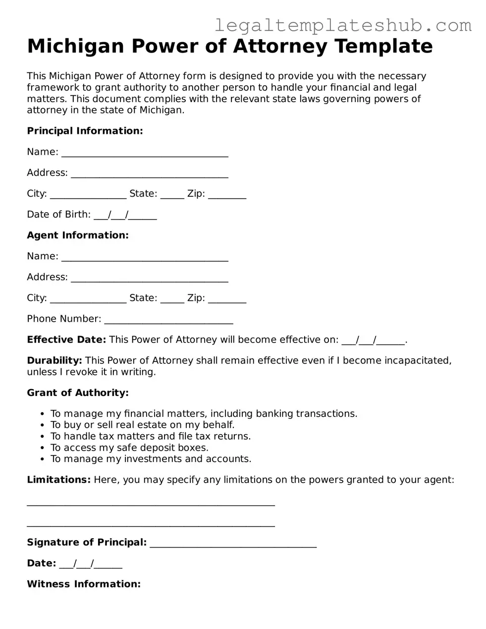 Printable Power of Attorney Document for Michigan