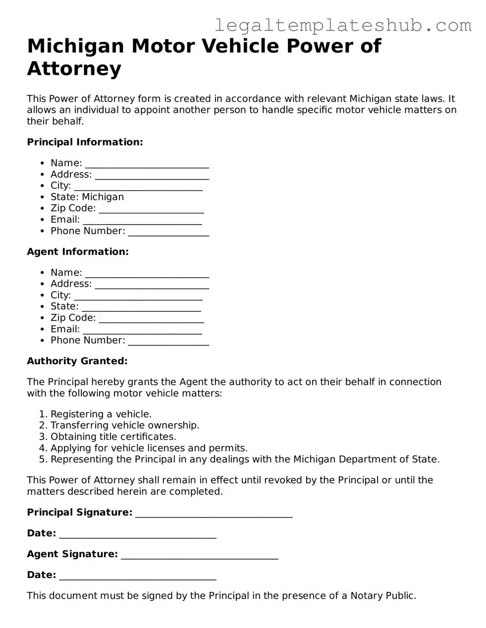 Printable Motor Vehicle Power of Attorney Document for Michigan