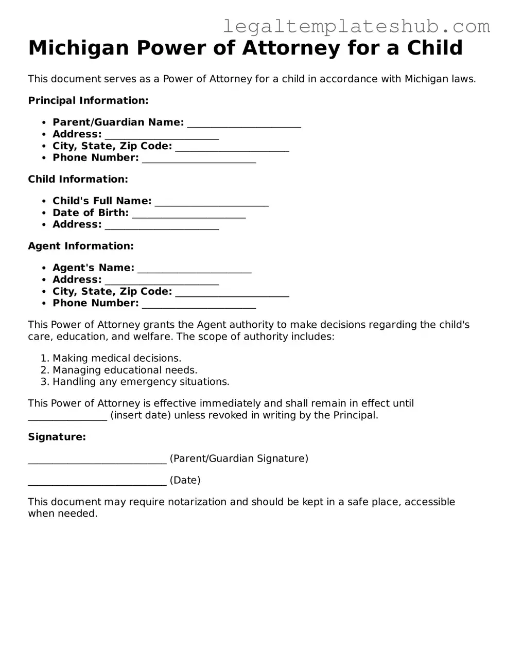 Printable Power of Attorney for a Child Document for Michigan