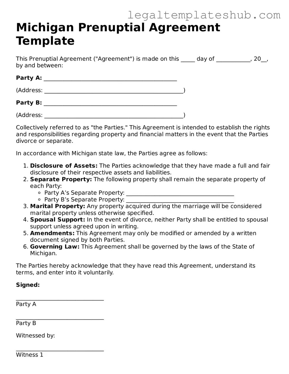 Printable  Prenuptial Agreement Document for Michigan