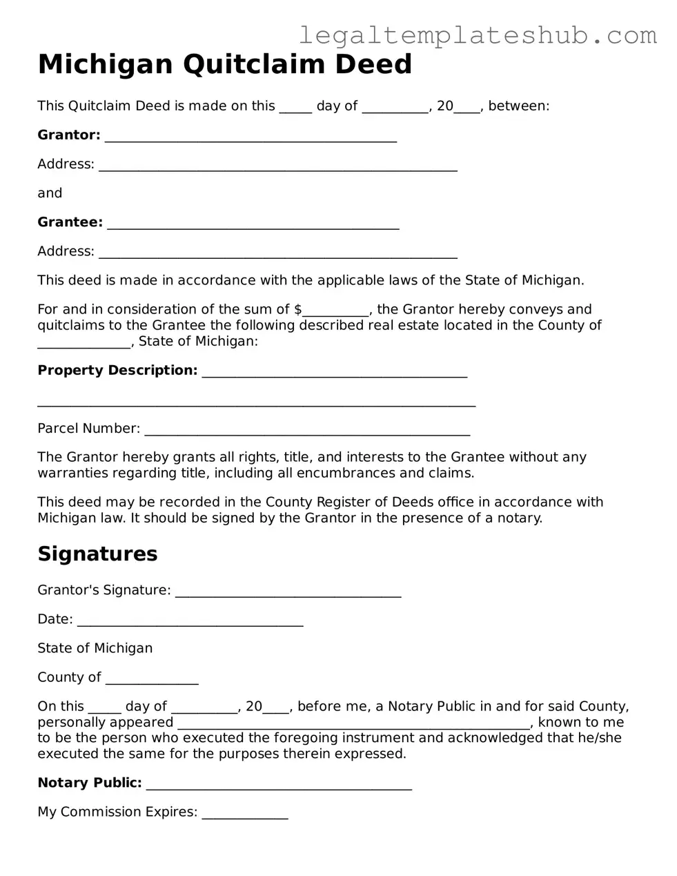 Printable  Quitclaim Deed Document for Michigan