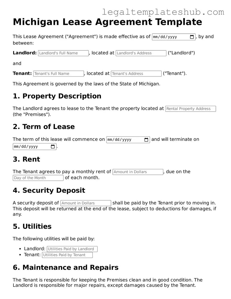 Printable Lease Agreement Document for Michigan