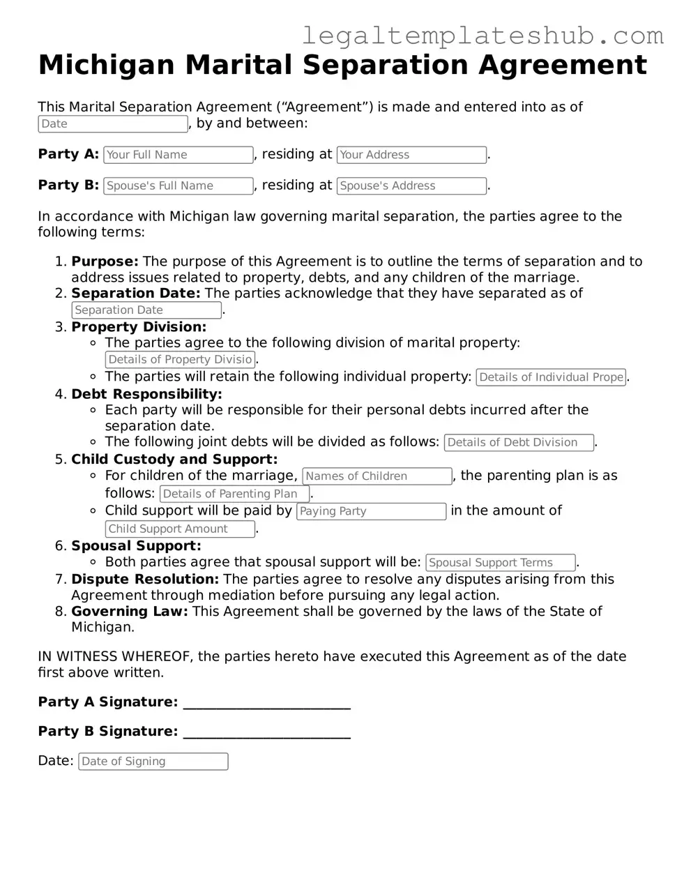Printable Marital Separation Agreement Document for Michigan