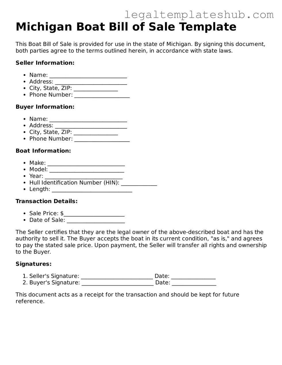 Printable Boat Bill of Sale Document for Michigan