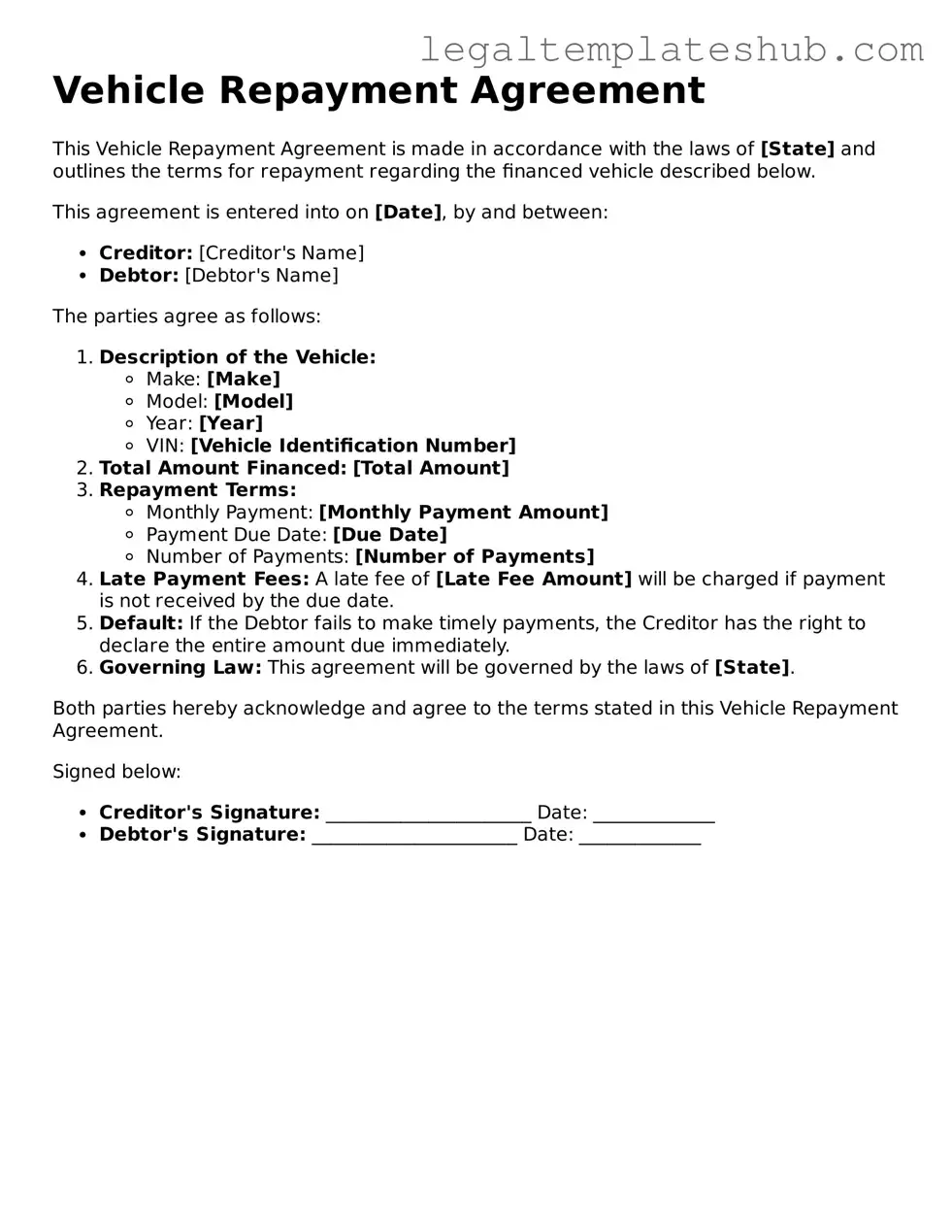 Printable Vehicle Repayment Agreement Template