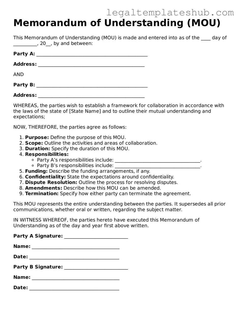 Printable Memorandum of Understanding Template
