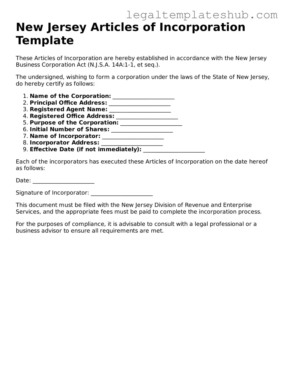 Printable Articles of Incorporation Document for New Jersey