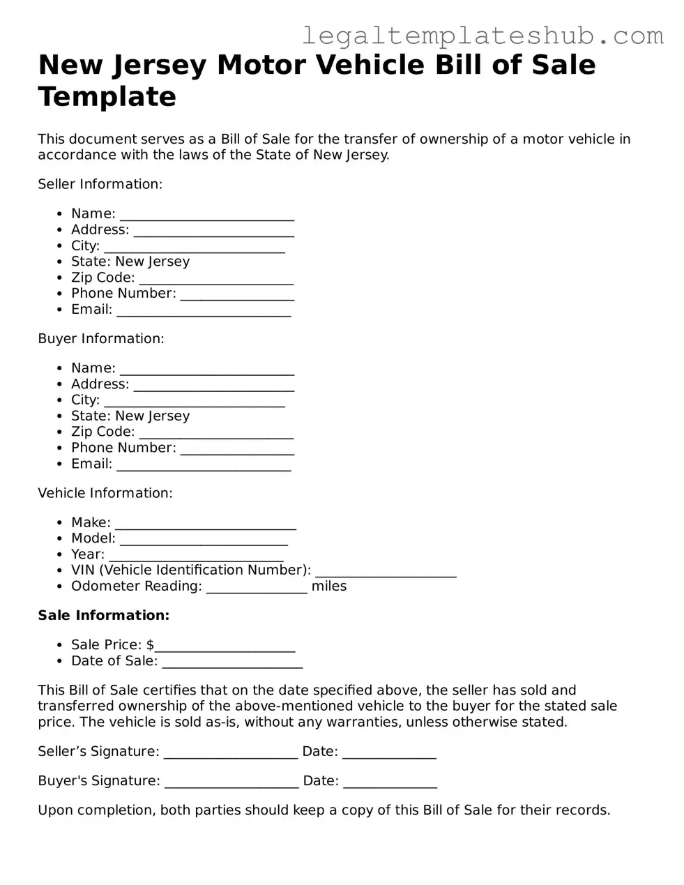 Printable  Motor Vehicle Bill of Sale Document for New Jersey