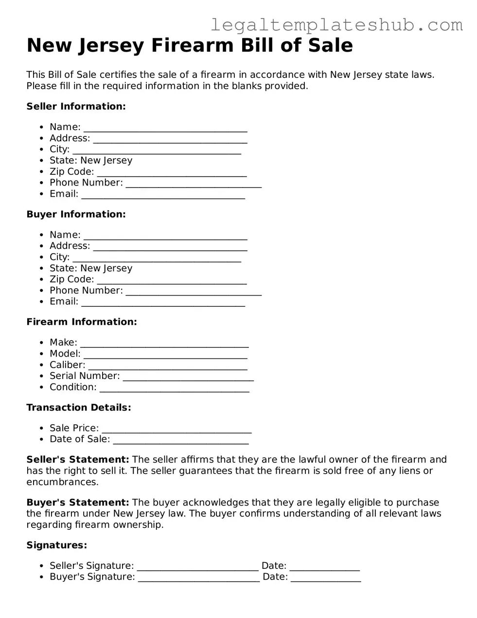 Printable Firearm Bill of Sale Document for New Jersey