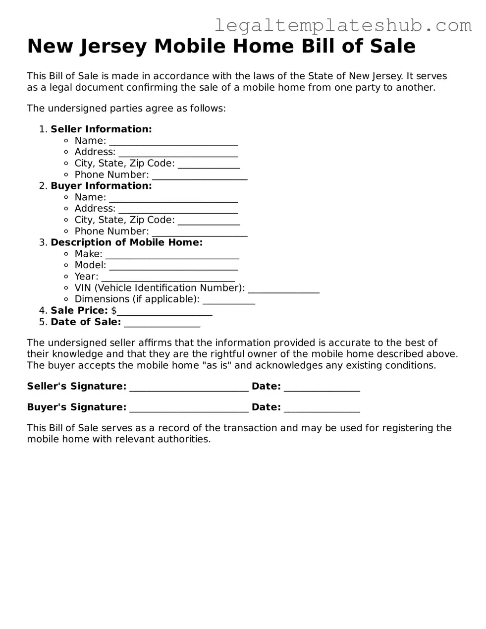 Printable Mobile Home Bill of Sale Document for New Jersey