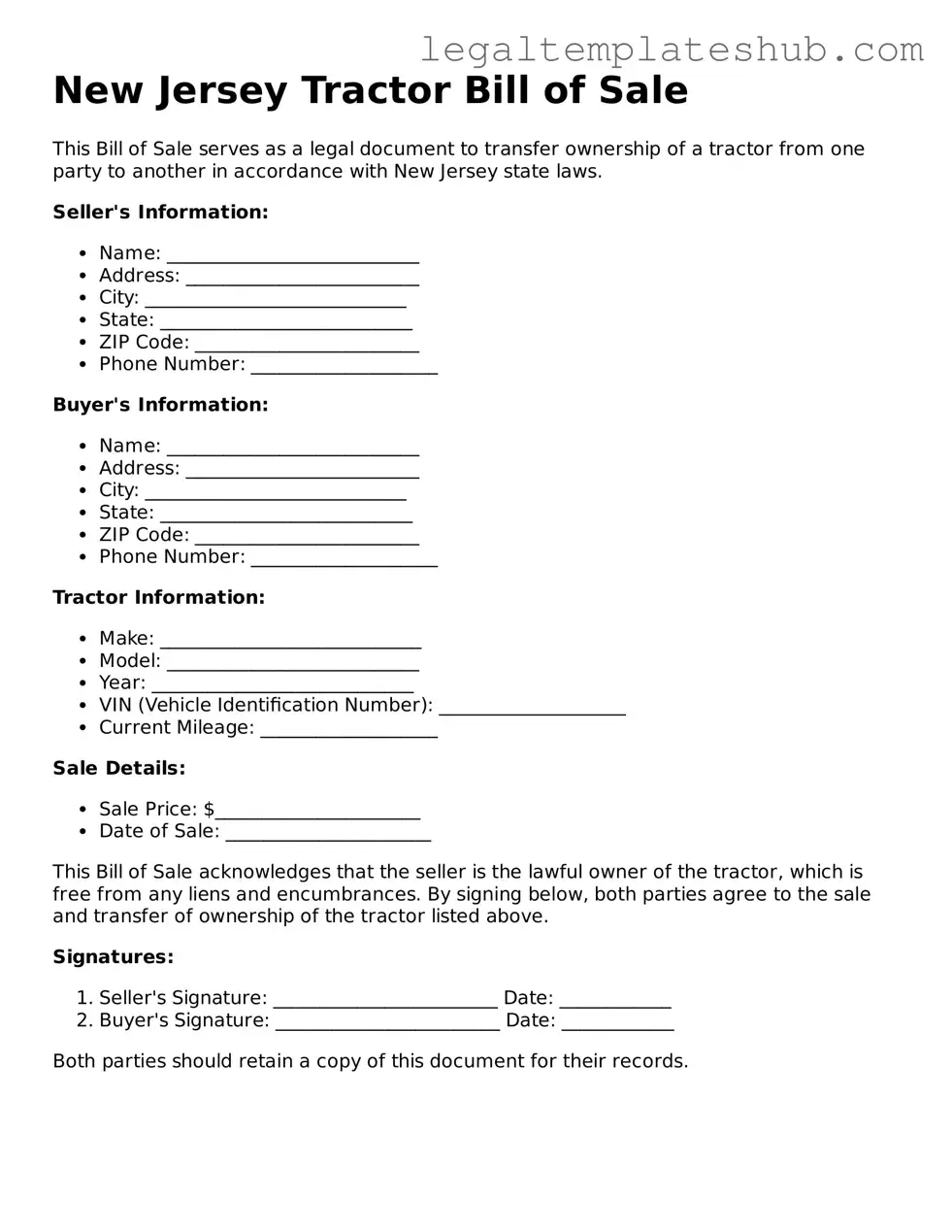 Printable Tractor Bill of Sale Document for New Jersey
