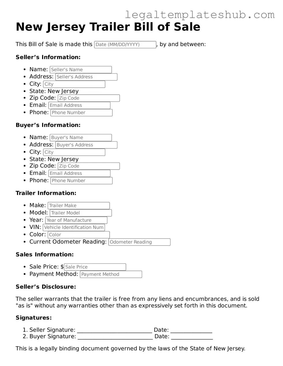 Printable Trailer Bill of Sale Document for New Jersey