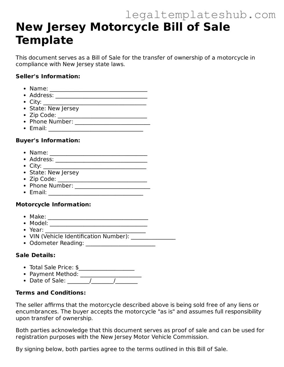 Printable Motorcycle Bill of Sale Document for New Jersey