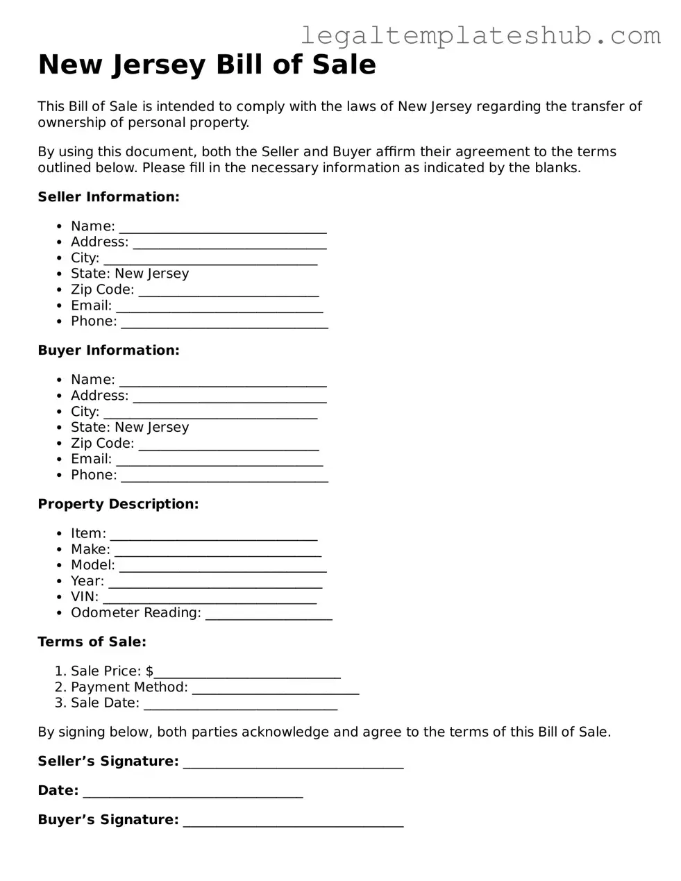 Printable  Bill of Sale Document for New Jersey