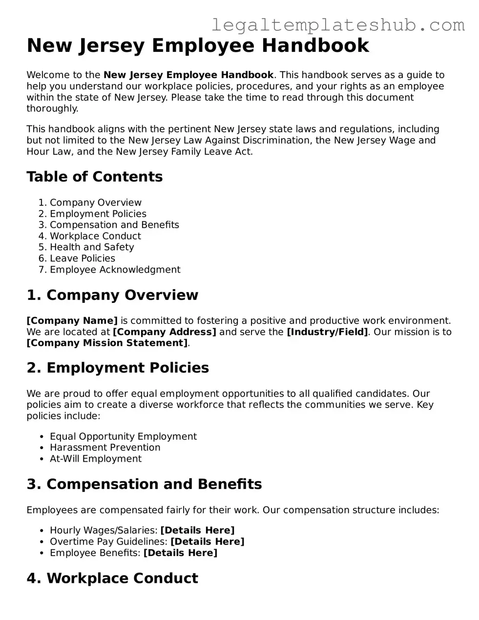 Printable Employee Handbook Document for New Jersey