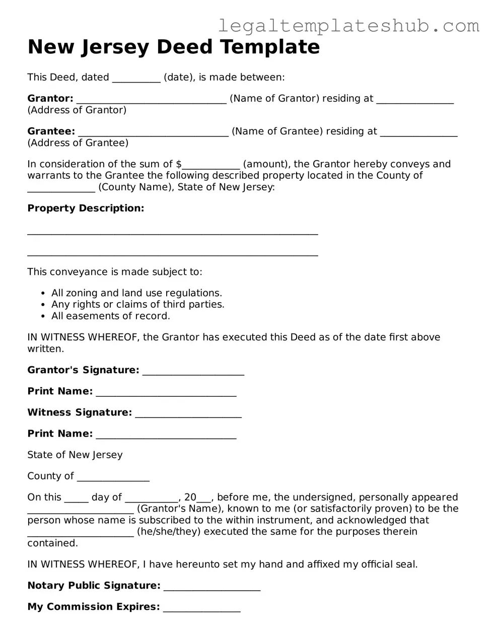 Printable Deed Document for New Jersey