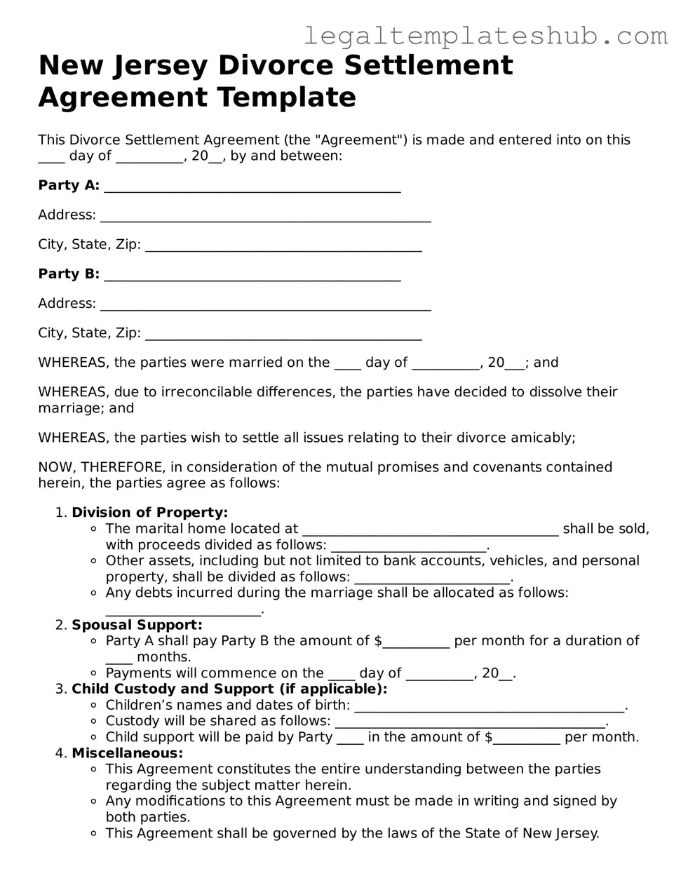 Printable  Divorce Settlement Agreement Document for New Jersey