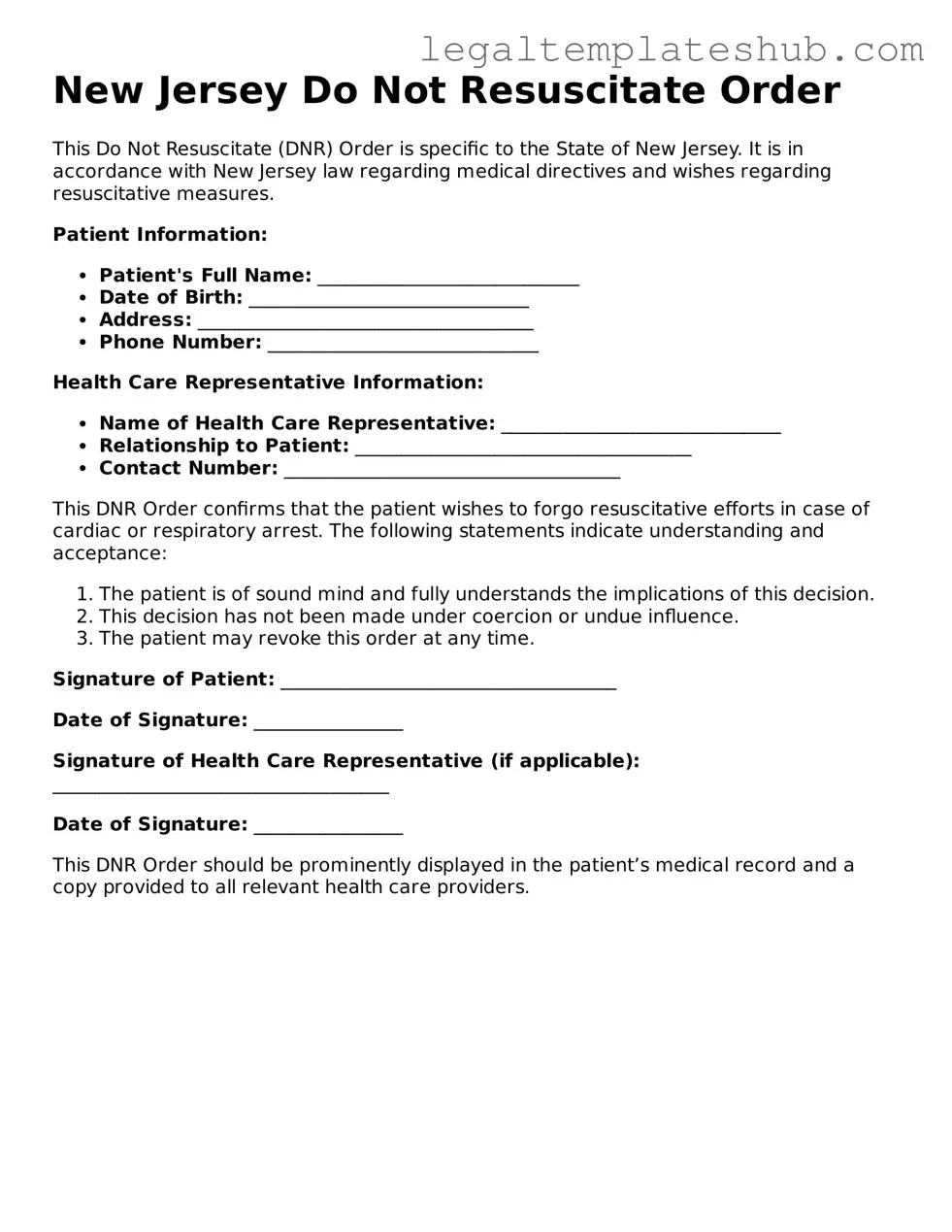 Printable  Do Not Resuscitate Order Document for New Jersey
