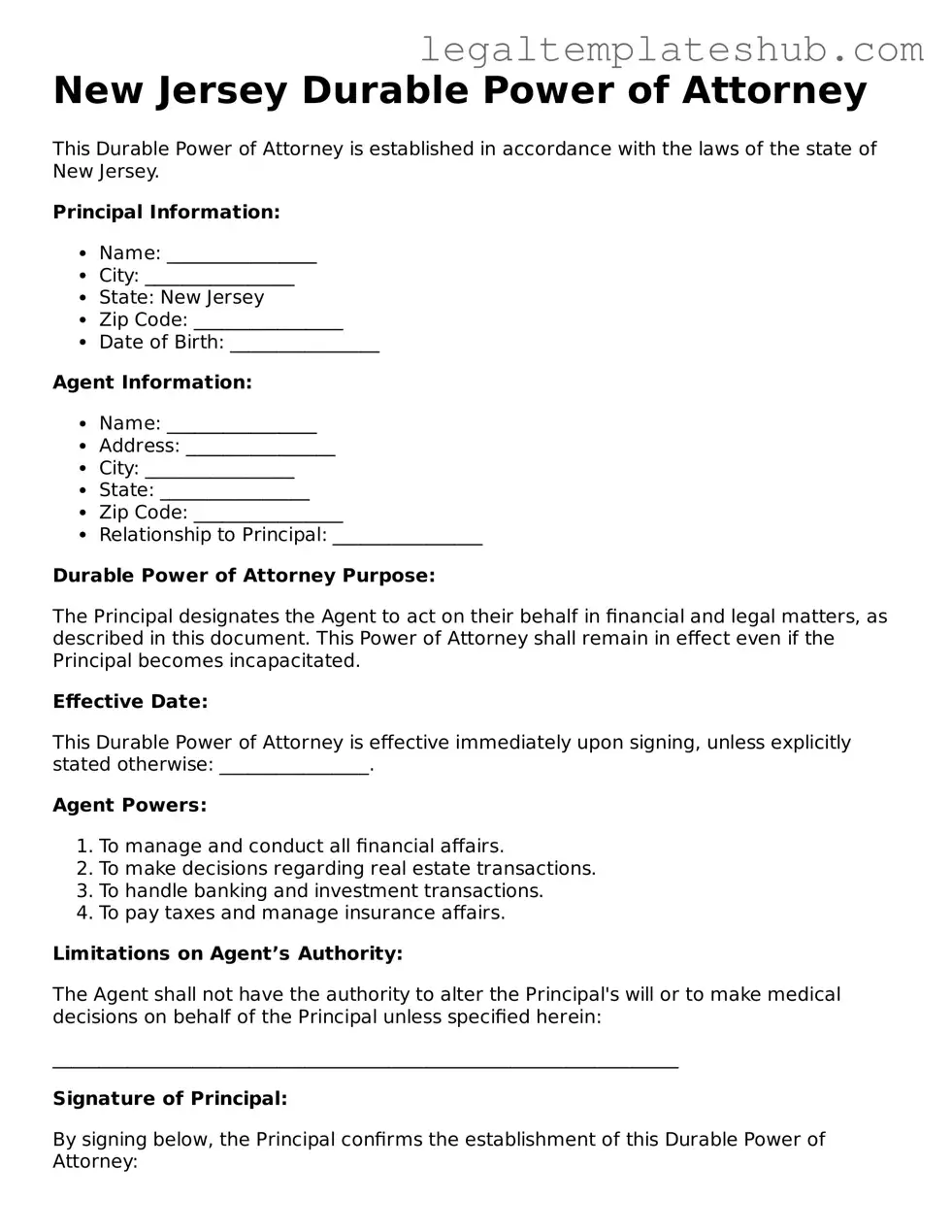 Printable  Durable Power of Attorney Document for New Jersey