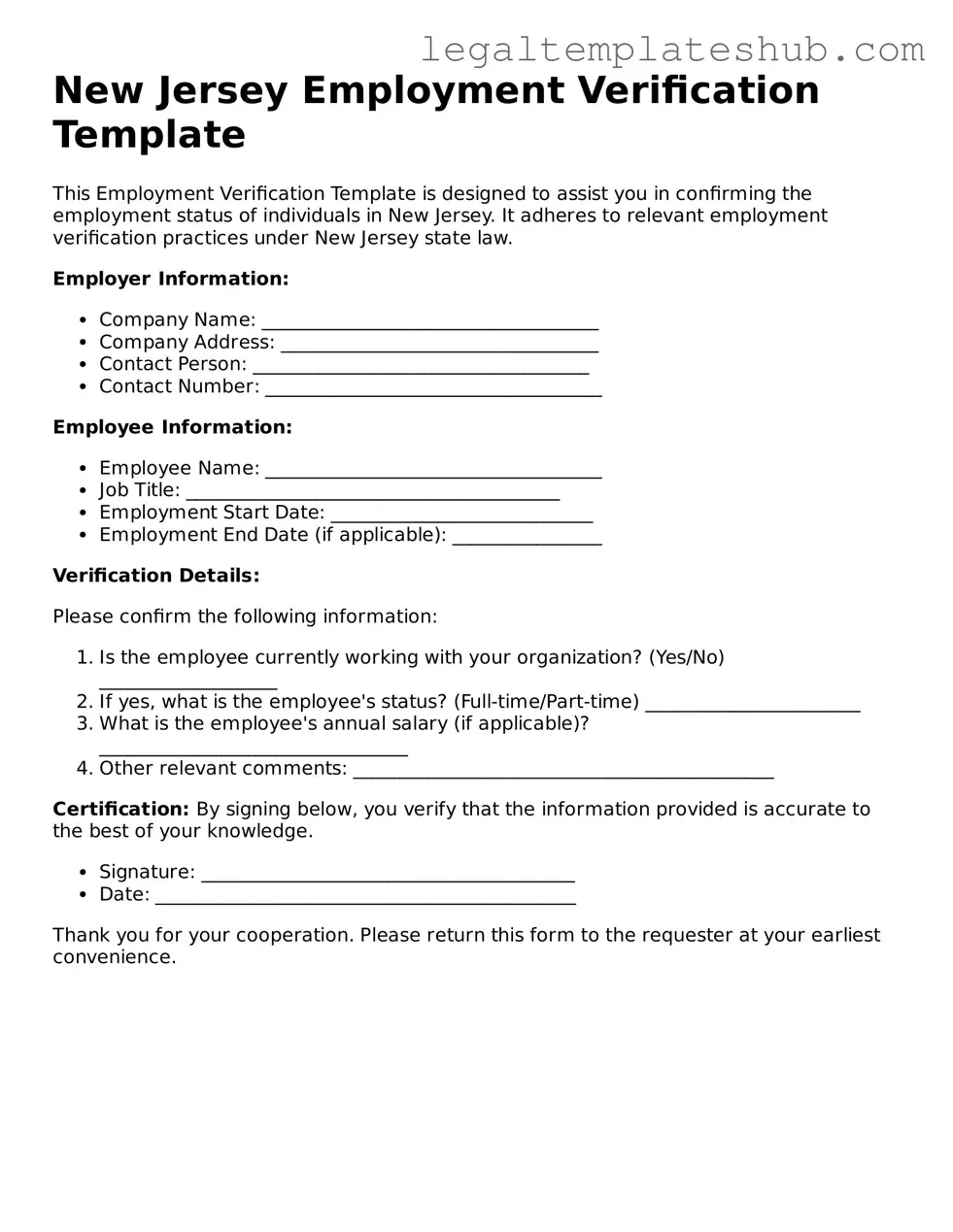 Printable  Employment Verification Document for New Jersey
