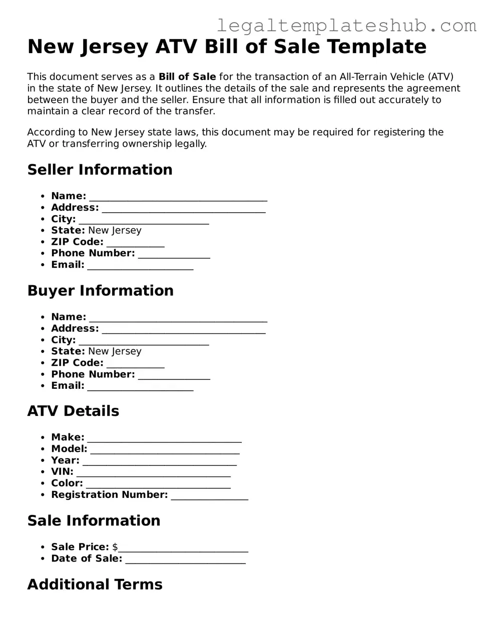 Printable  ATV Bill of Sale Document for New Jersey