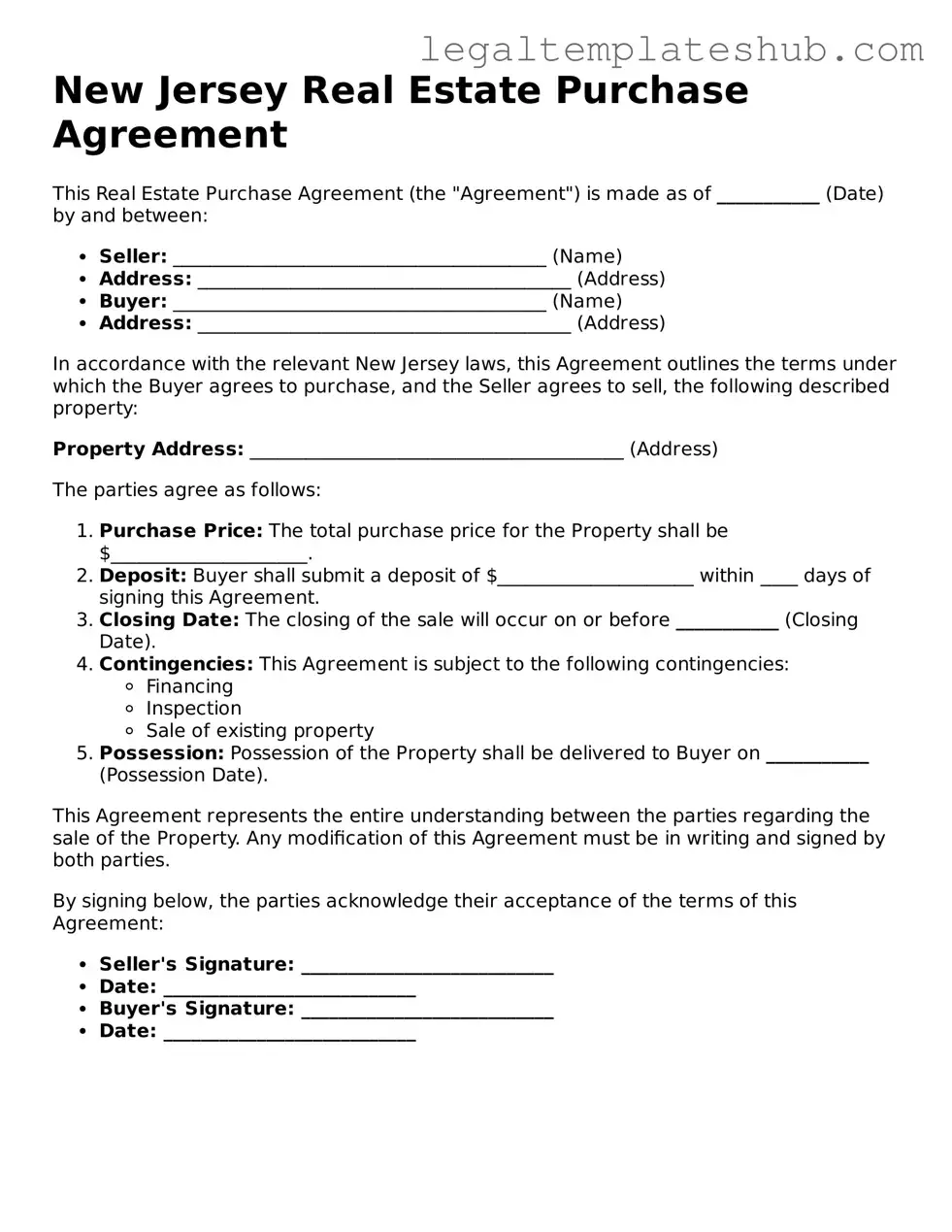 Printable  Real Estate Purchase Agreement Document for New Jersey