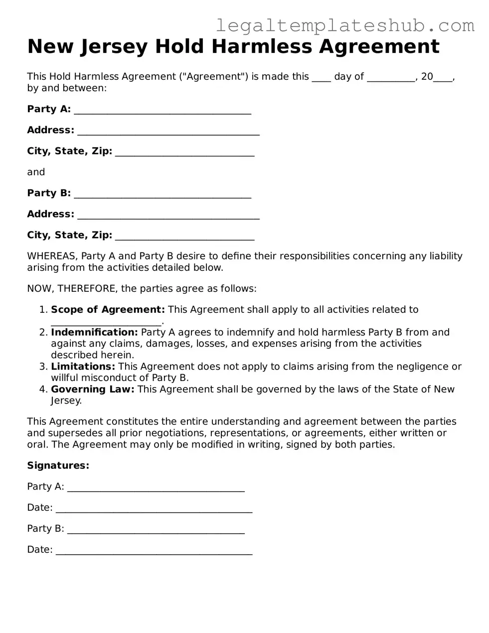 Printable Hold Harmless Agreement Document for New Jersey