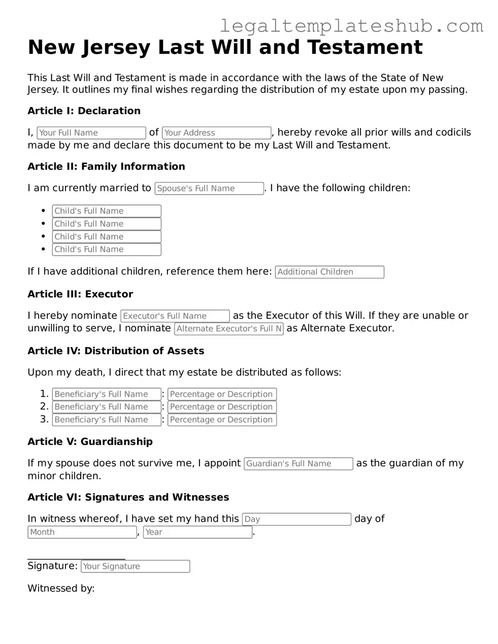 Printable Last Will and Testament Document for New Jersey