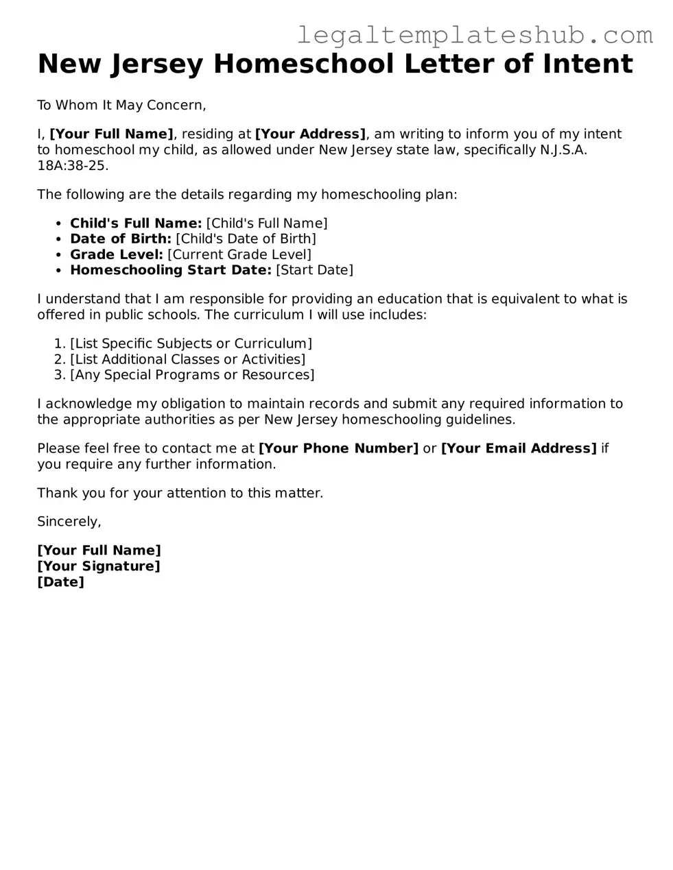 Printable  Homeschool Letter of Intent Document for New Jersey