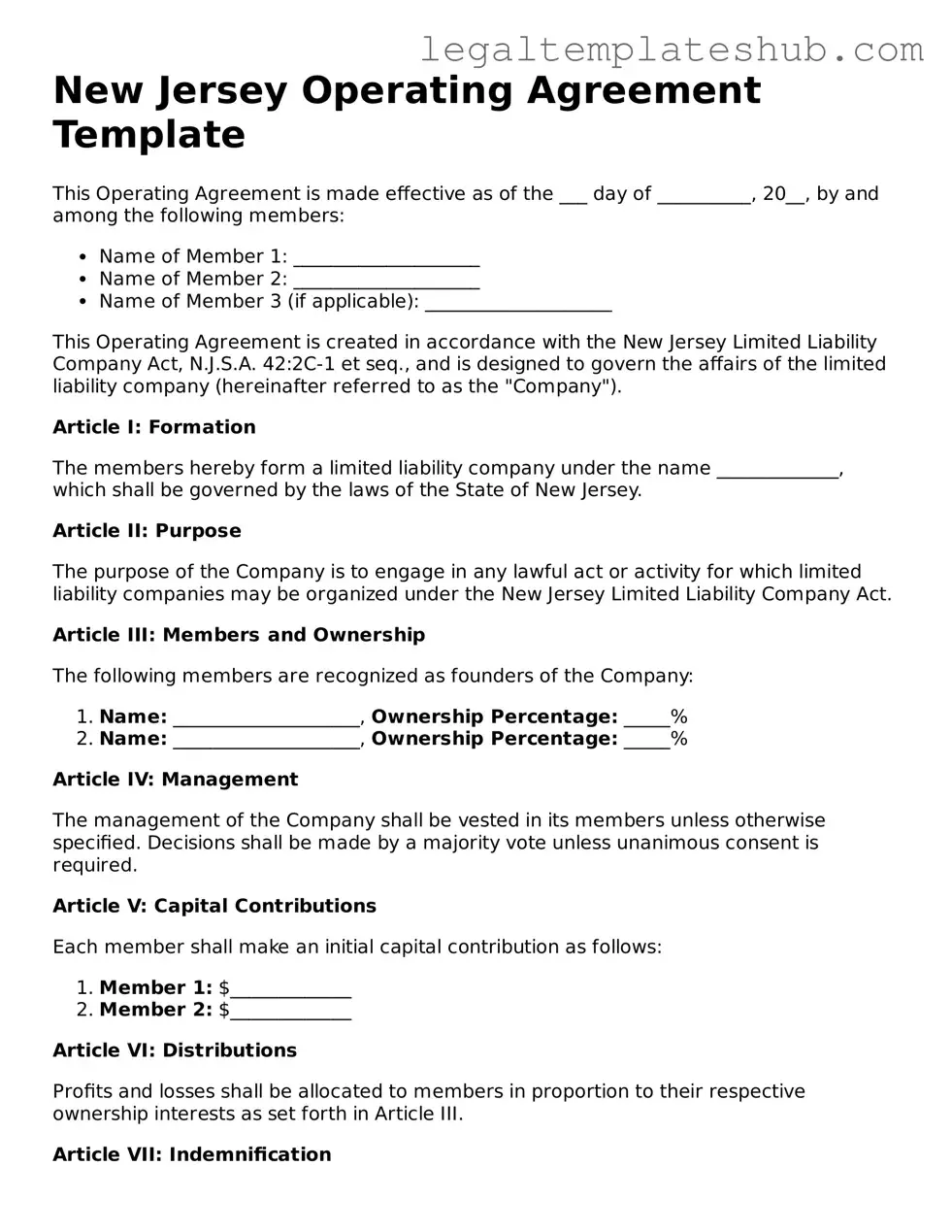 Printable Operating Agreement Document for New Jersey