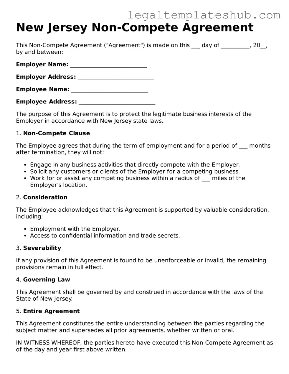 Printable Non-compete Agreement Document for New Jersey