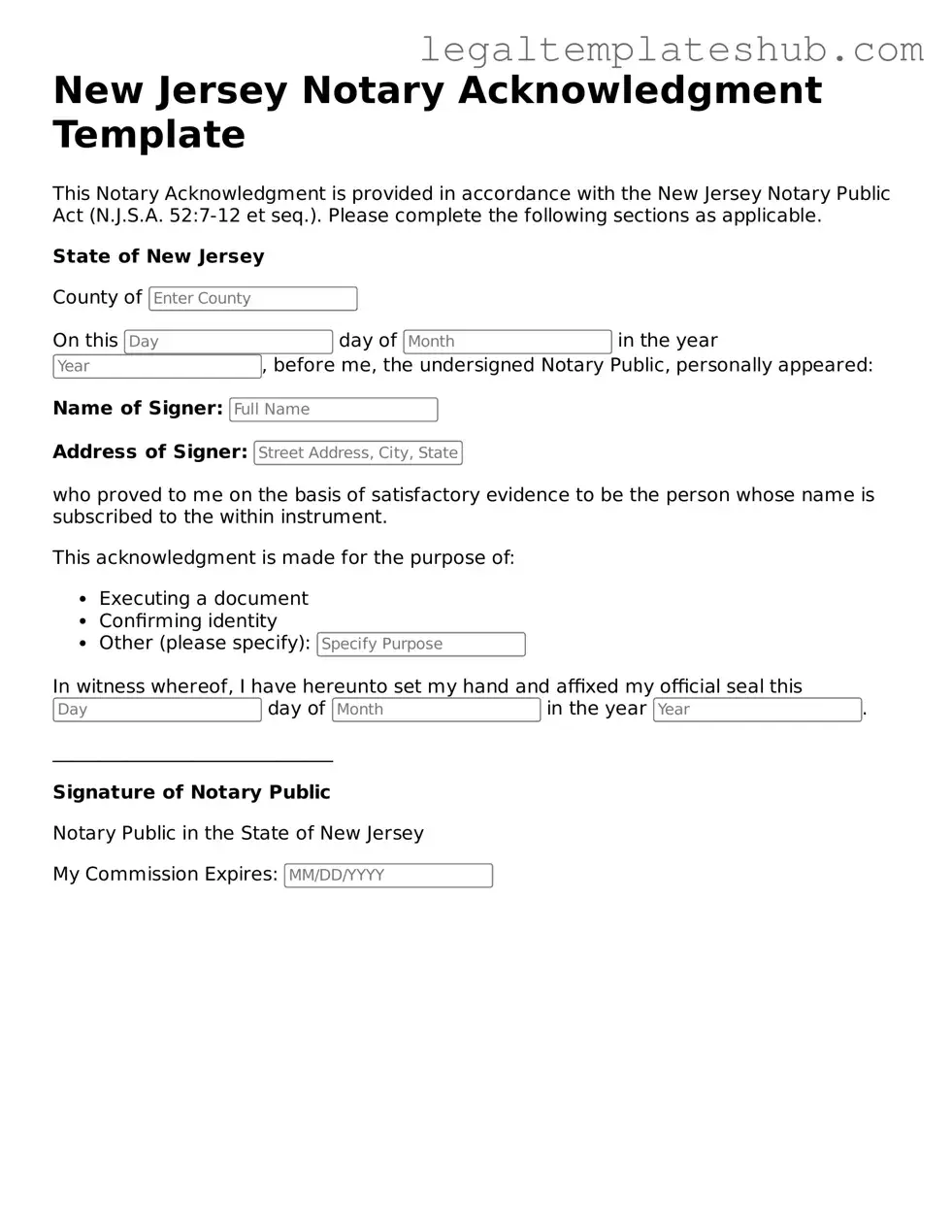 Printable Notary Acknowledgement Document for New Jersey