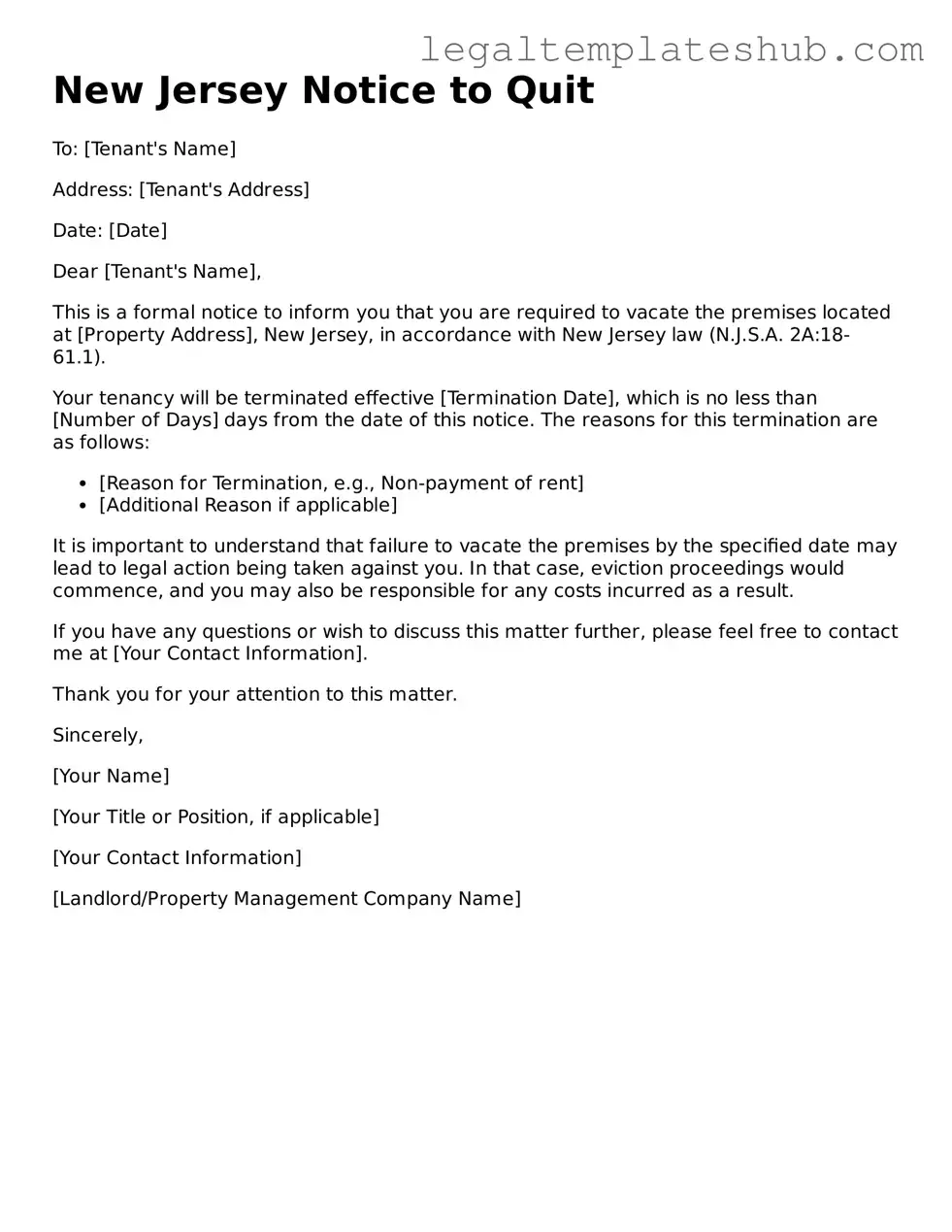 Printable Notice to Quit Document for New Jersey
