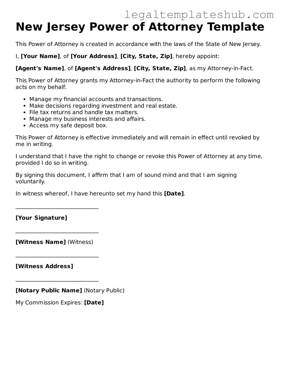Printable Power of Attorney Document for New Jersey