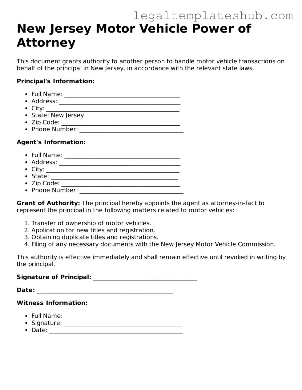 Printable Motor Vehicle Power of Attorney Document for New Jersey