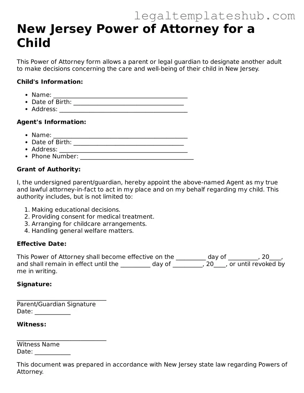 Printable  Power of Attorney for a Child Document for New Jersey