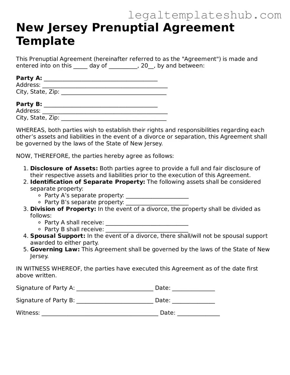 Printable Prenuptial Agreement Document for New Jersey