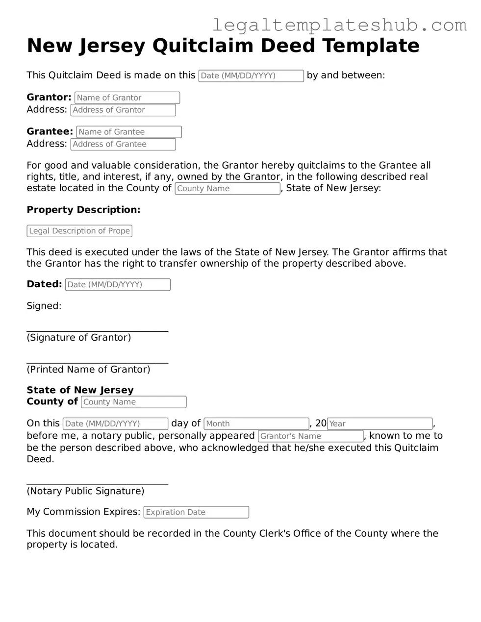 Printable  Quitclaim Deed Document for New Jersey