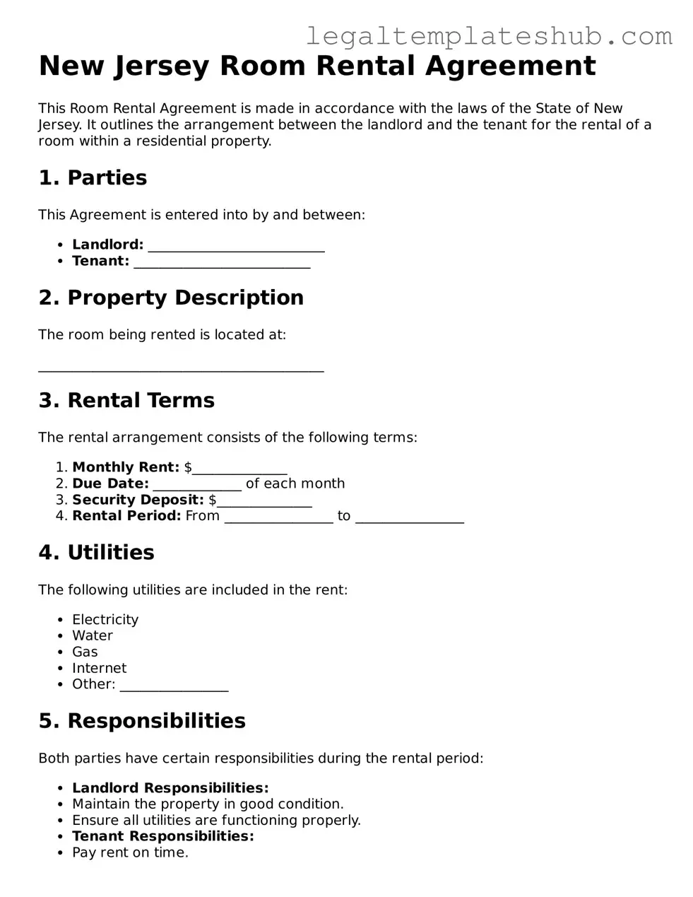 Printable  Room Rental Agreement Document for New Jersey