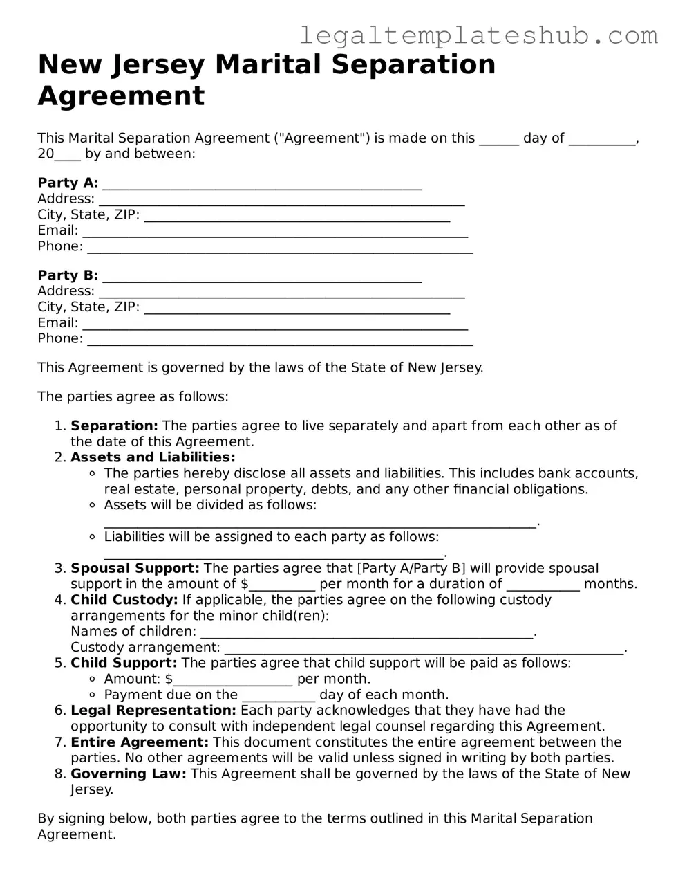 Printable  Marital Separation Agreement Document for New Jersey
