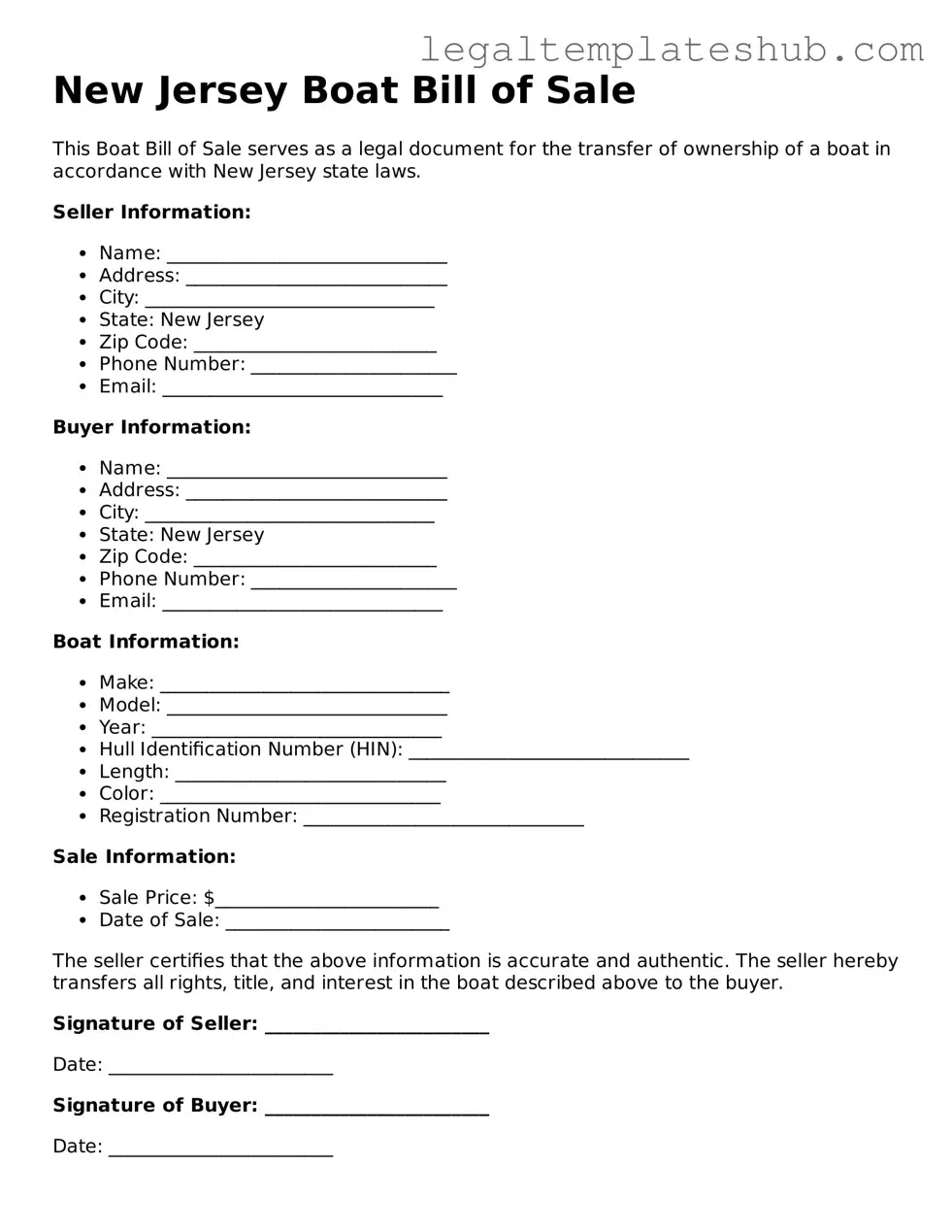 Printable Boat Bill of Sale Document for New Jersey