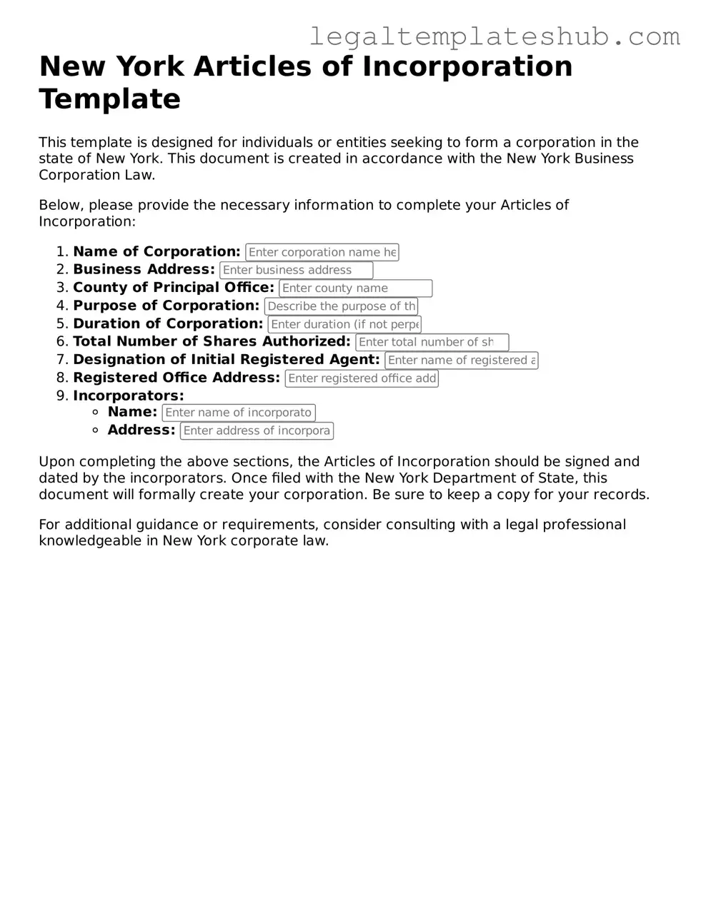 Printable  Articles of Incorporation Document for New York