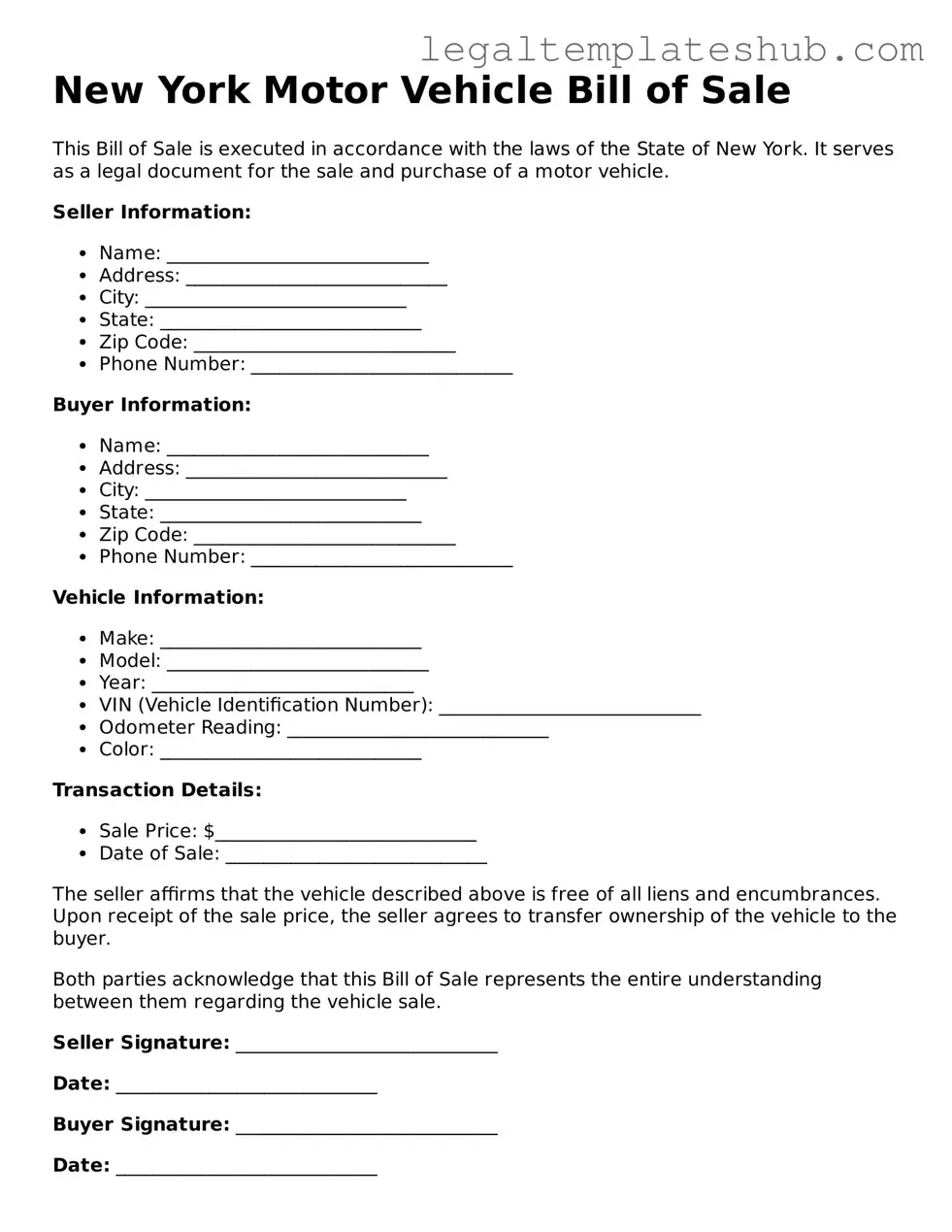 Printable  Motor Vehicle Bill of Sale Document for New York