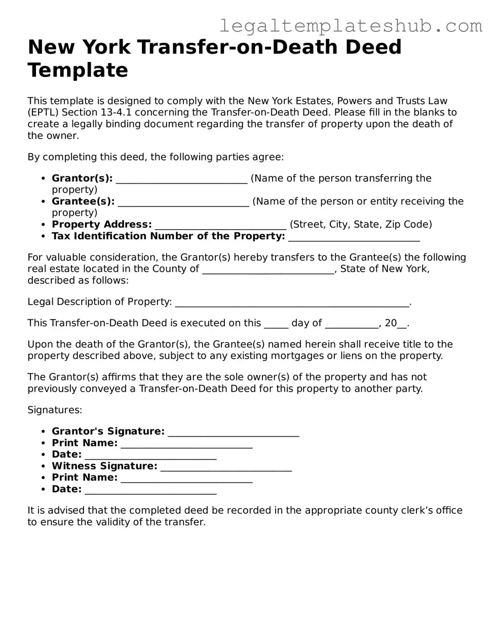 Printable Transfer-on-Death Deed Document for New York