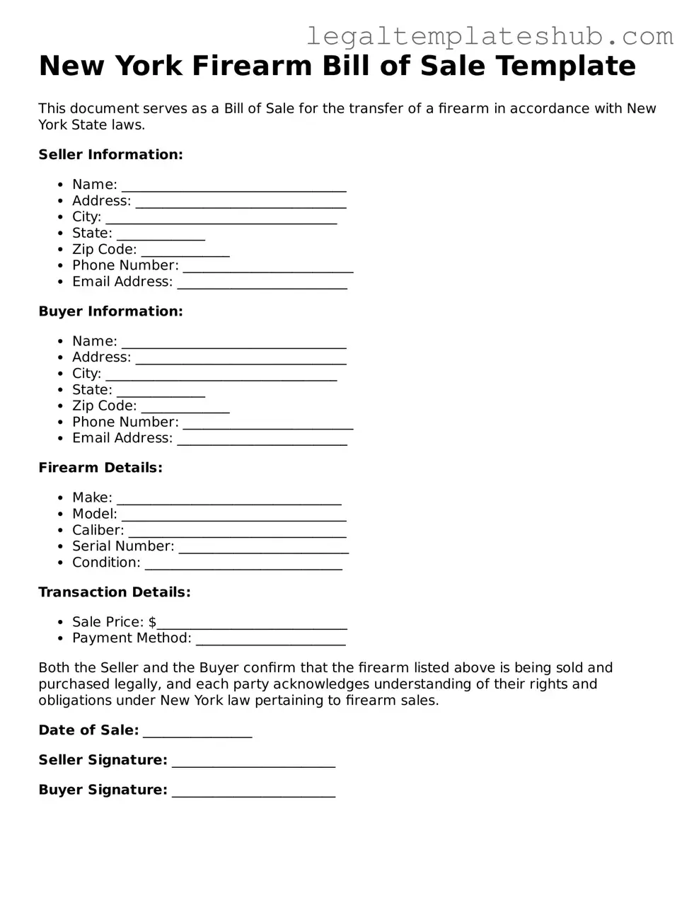 Printable Firearm Bill of Sale Document for New York