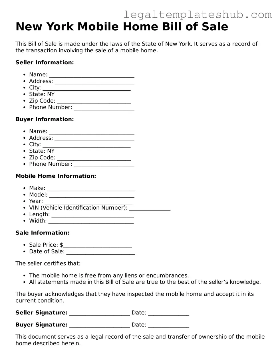 Printable  Mobile Home Bill of Sale Document for New York