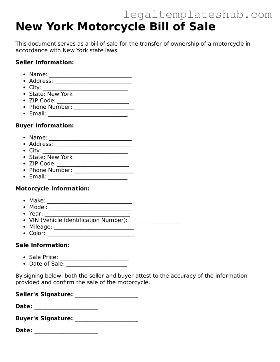 Printable Motorcycle Bill of Sale Document for New York