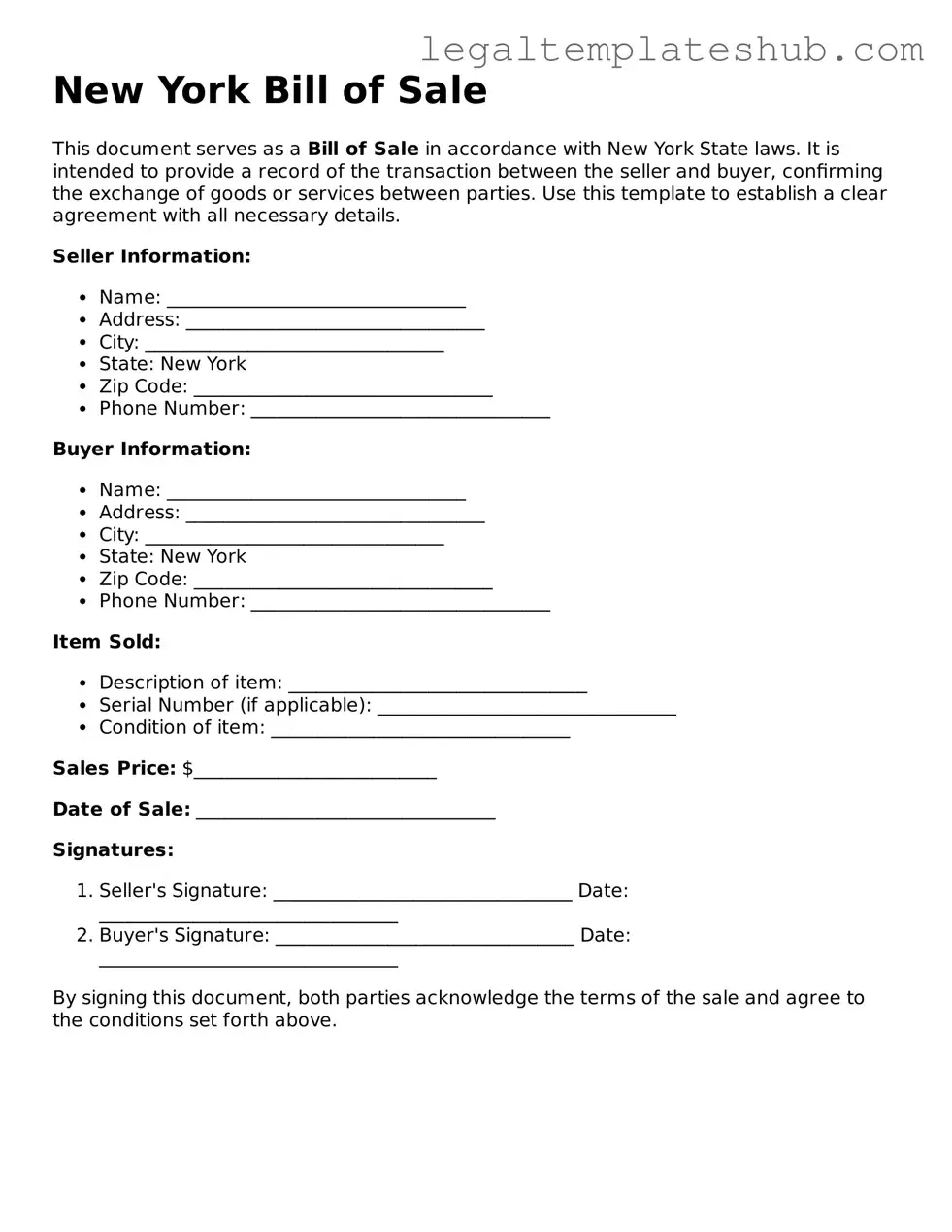Printable Bill of Sale Document for New York